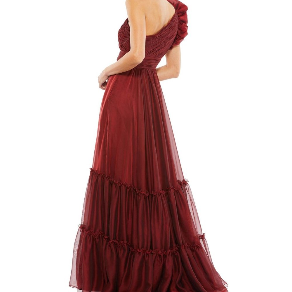NWT Mac Duggal ORGANZA ONE SHOULDER PLEATED GOWN WINE RED 67878 - Picture 2 of 8